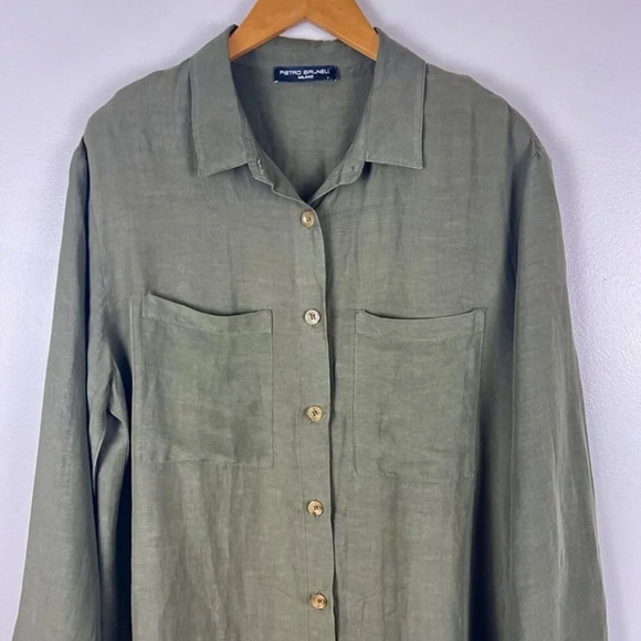 Pietro Brunelli Oversized Linen Blend Button Up Shirt Olive Green Sz S Lagenlook - Picture 2 of 12
